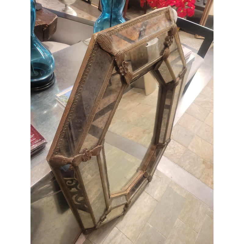 Emerald Cut Beveled Glass Mirror w/ Flower Detail & Antiqued Glass Panels