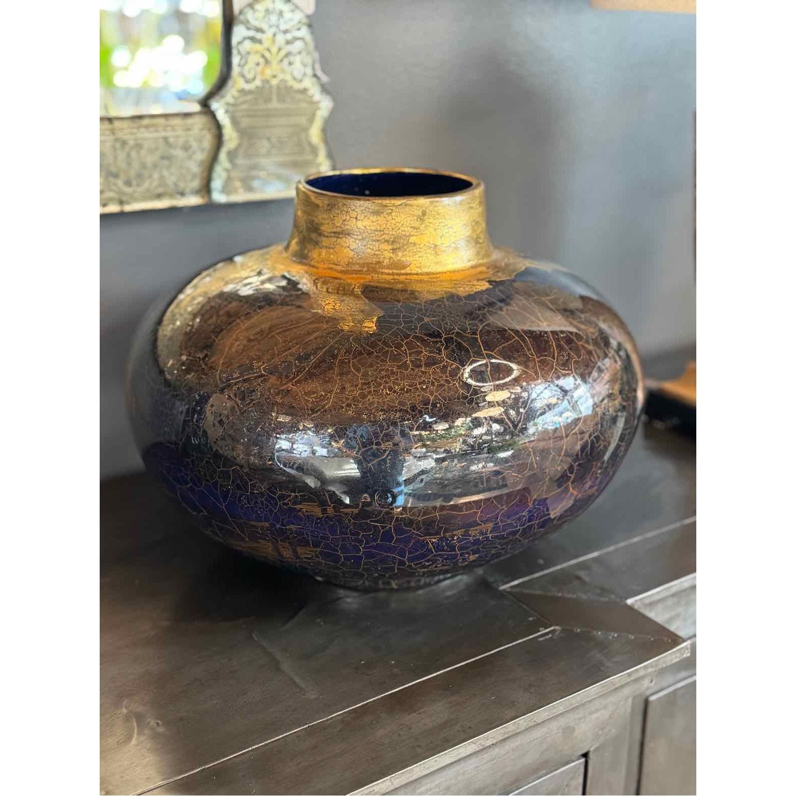 Rare Vintage Brown & Gold Leaf Glass Vase