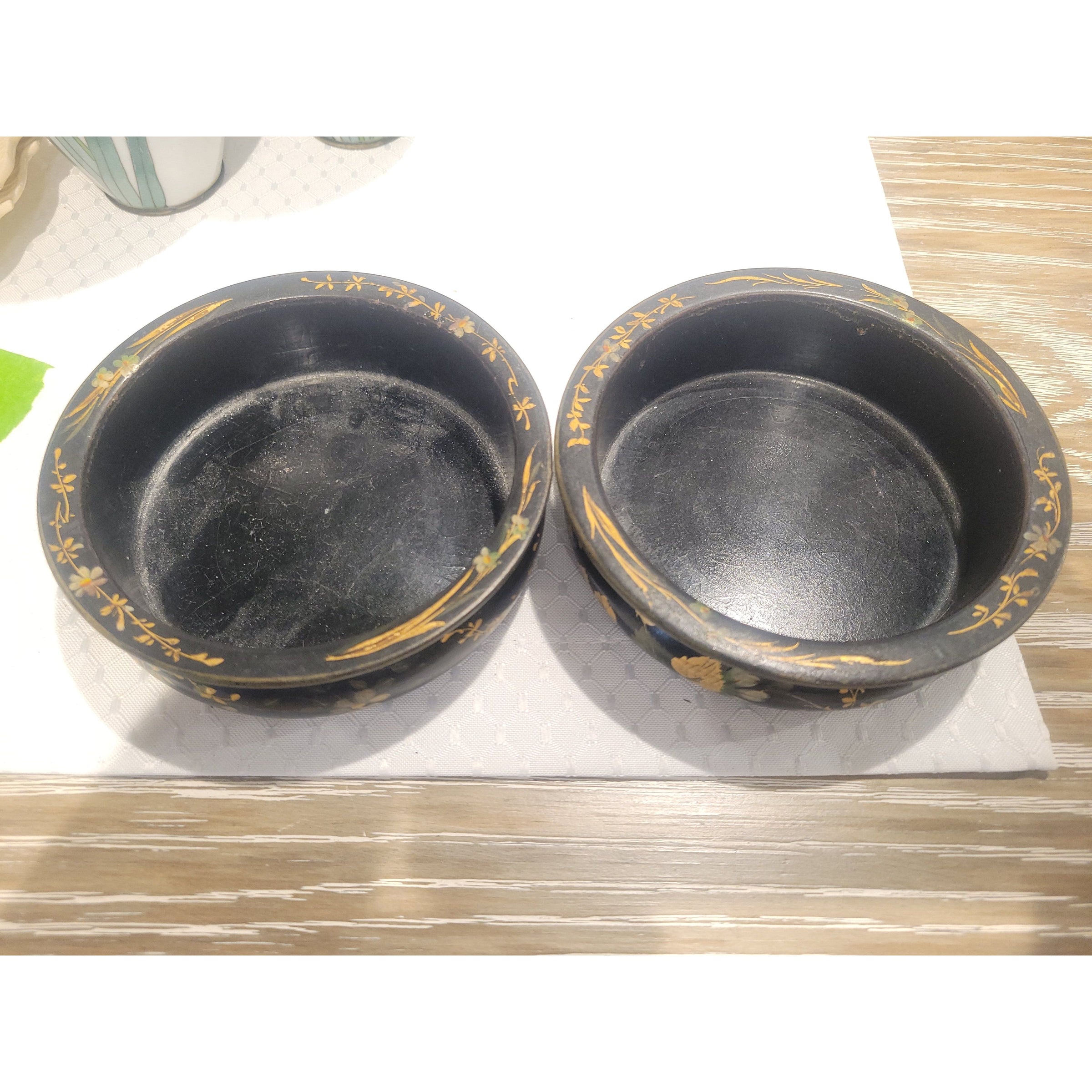 PAIR of Floral Painted Black Lacquered Wood Wine Coasters - colletteconsignment.com