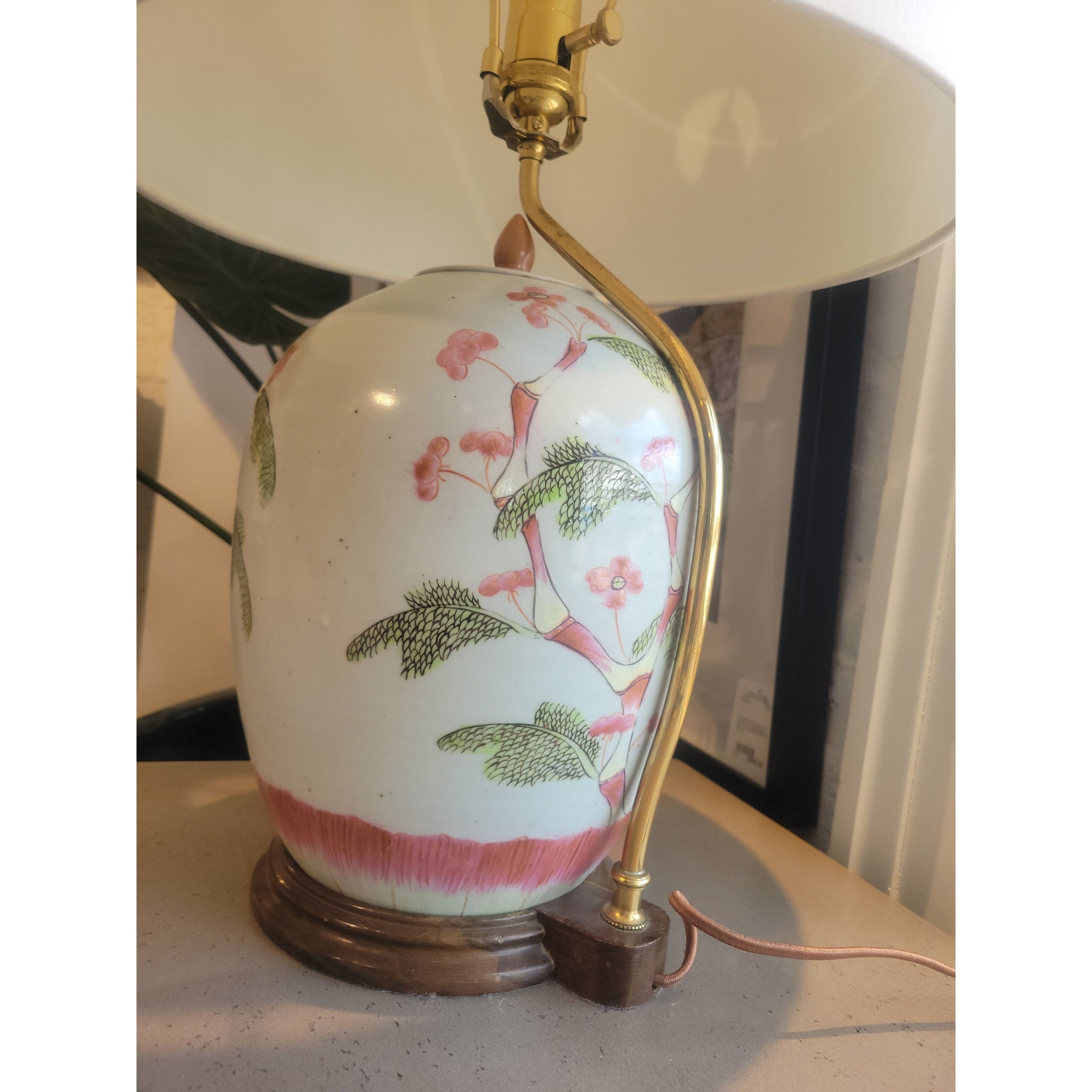 PAIR of Bamboo Painted Porcelain Ginger Jar Table Lamps w/ Shades by Illume - colletteconsignment.com