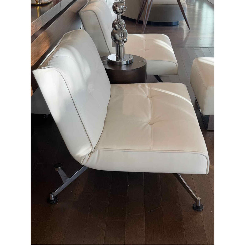 Pair of White Leather Clubber Chairs & Ottoman w/ Chrome Legs by Innovation