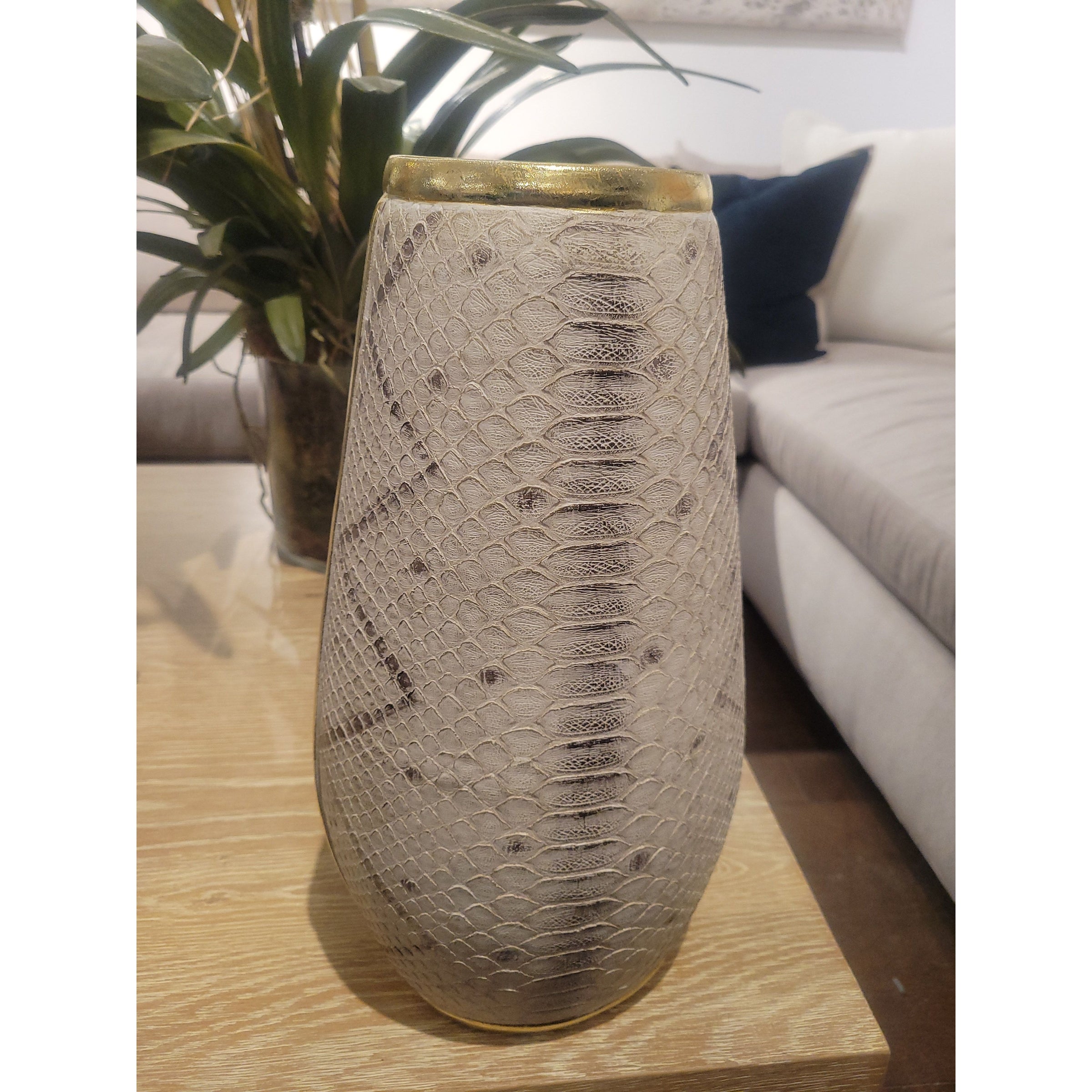 White Faux Snakeskin Textured Poly Stone & Gold Vase