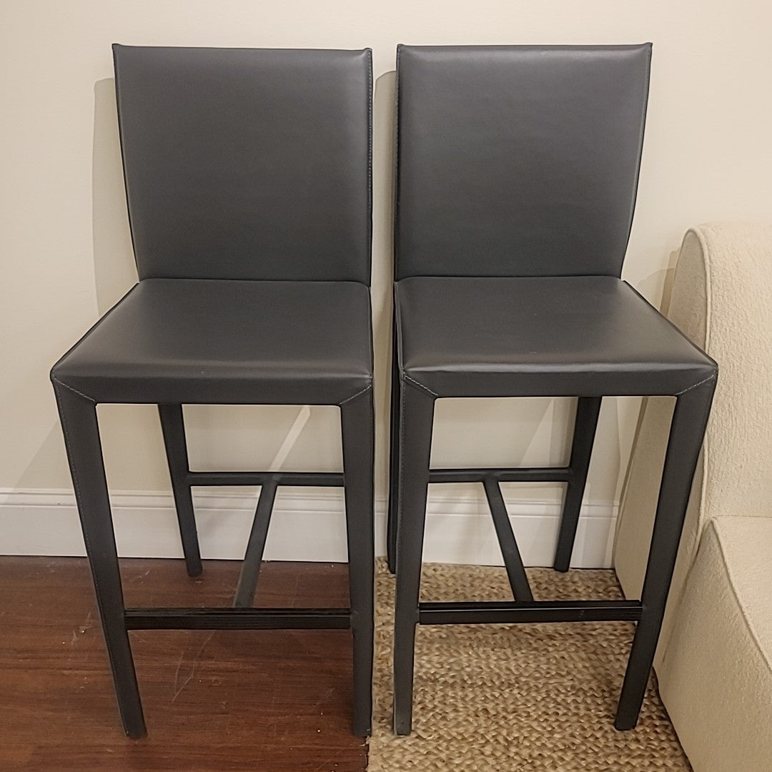 Pair of Black Leather Crate & Barrel Bar Stools