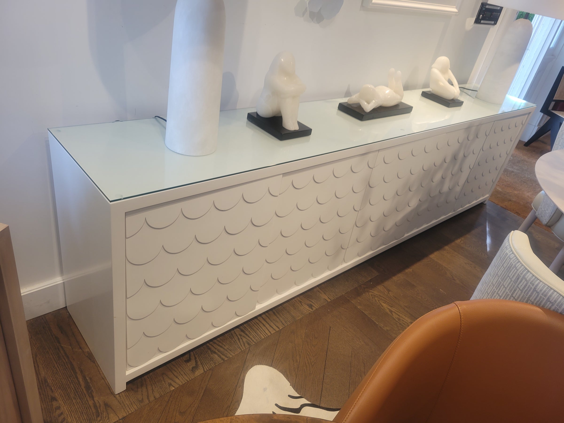 Custom 5-Door Matte White Lacquer Fish Scale Credenza w/ Glass Top