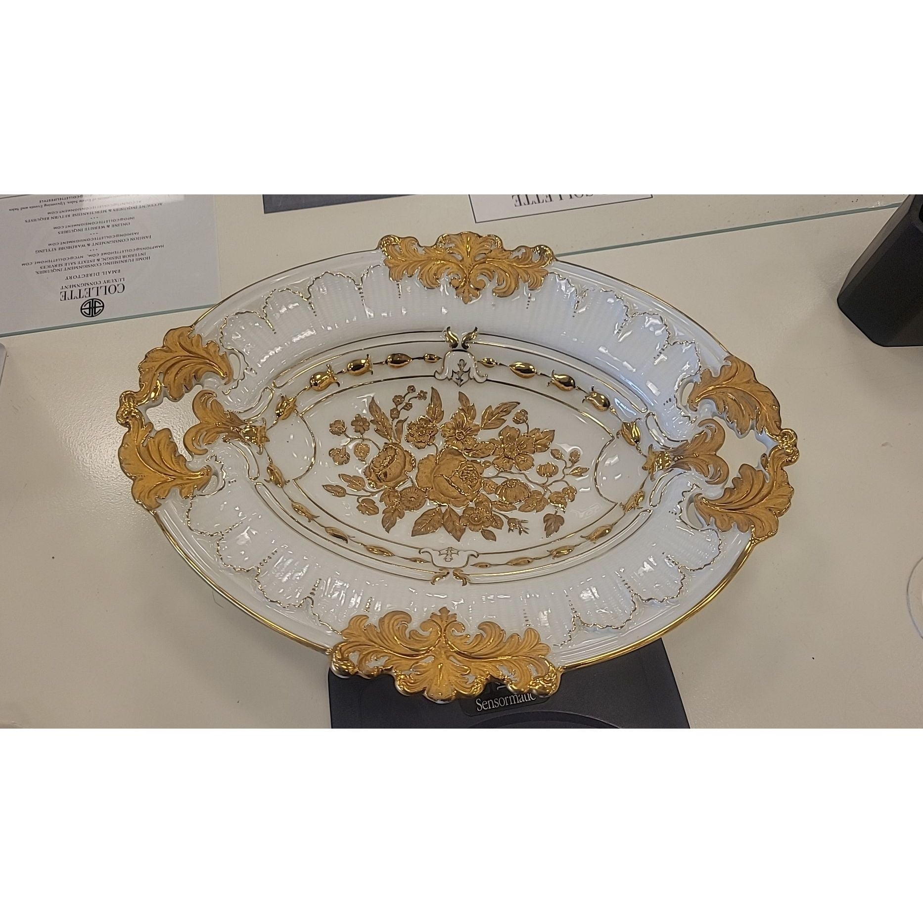 German Gold Bronzed Floral Porcelain Bowl w/ Handles by Meissen