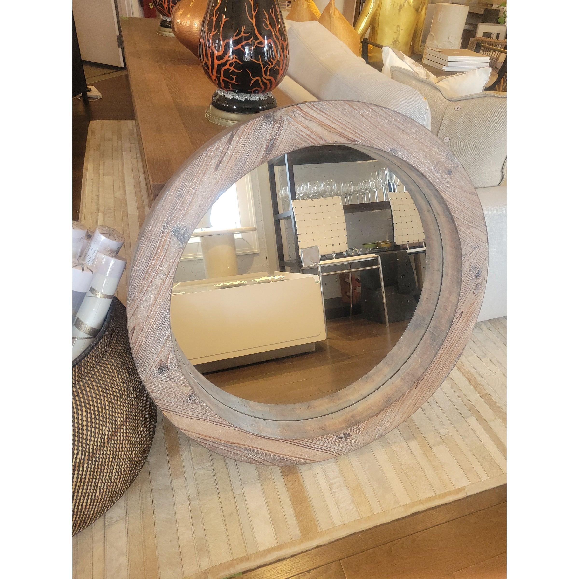 Round Rustic Natural Wood Mirror w/ Hook