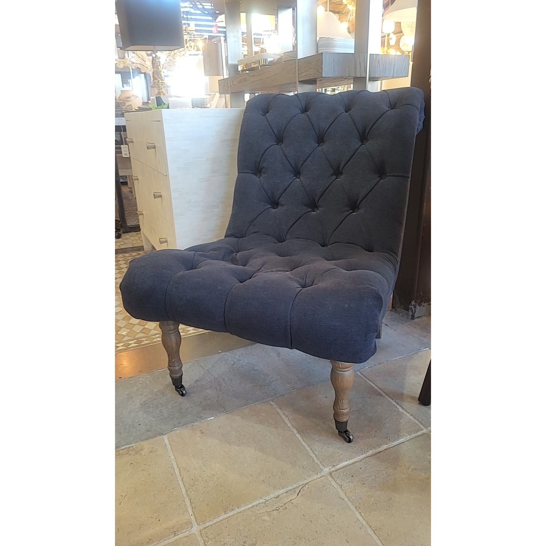 Navy Tufted Slipper Chair w/ Natural Wood Legs & Casters