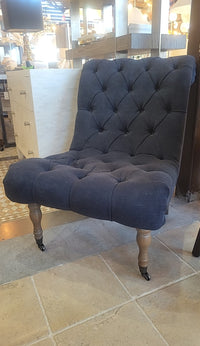 Navy Tufted Slipper Chair w/ Natural Wood Legs & Casters