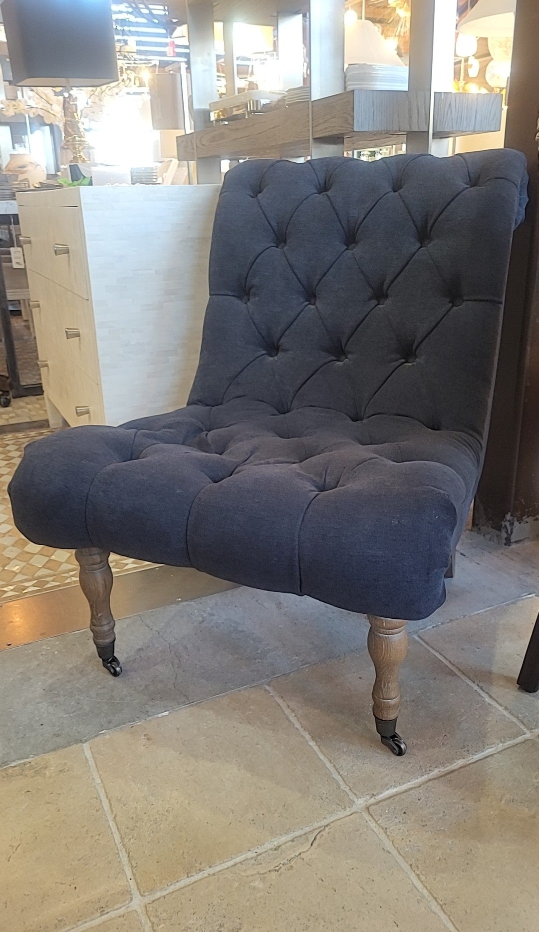 Navy Tufted Slipper Chair w/ Natural Wood Legs & Casters