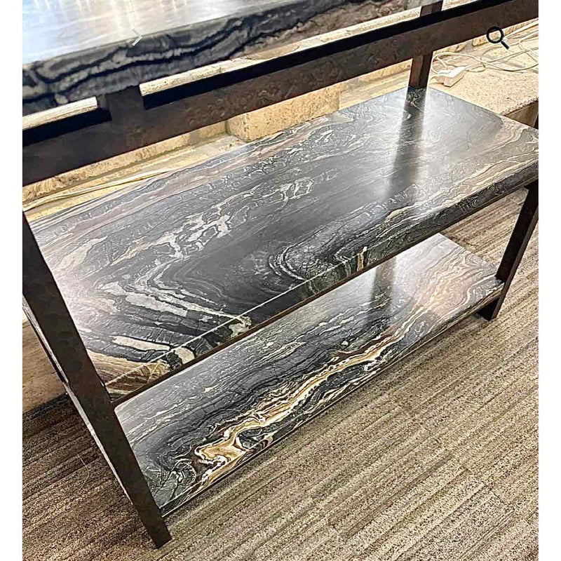 Custom Striated Marble Three-Tiered Console w/ Iron Frame