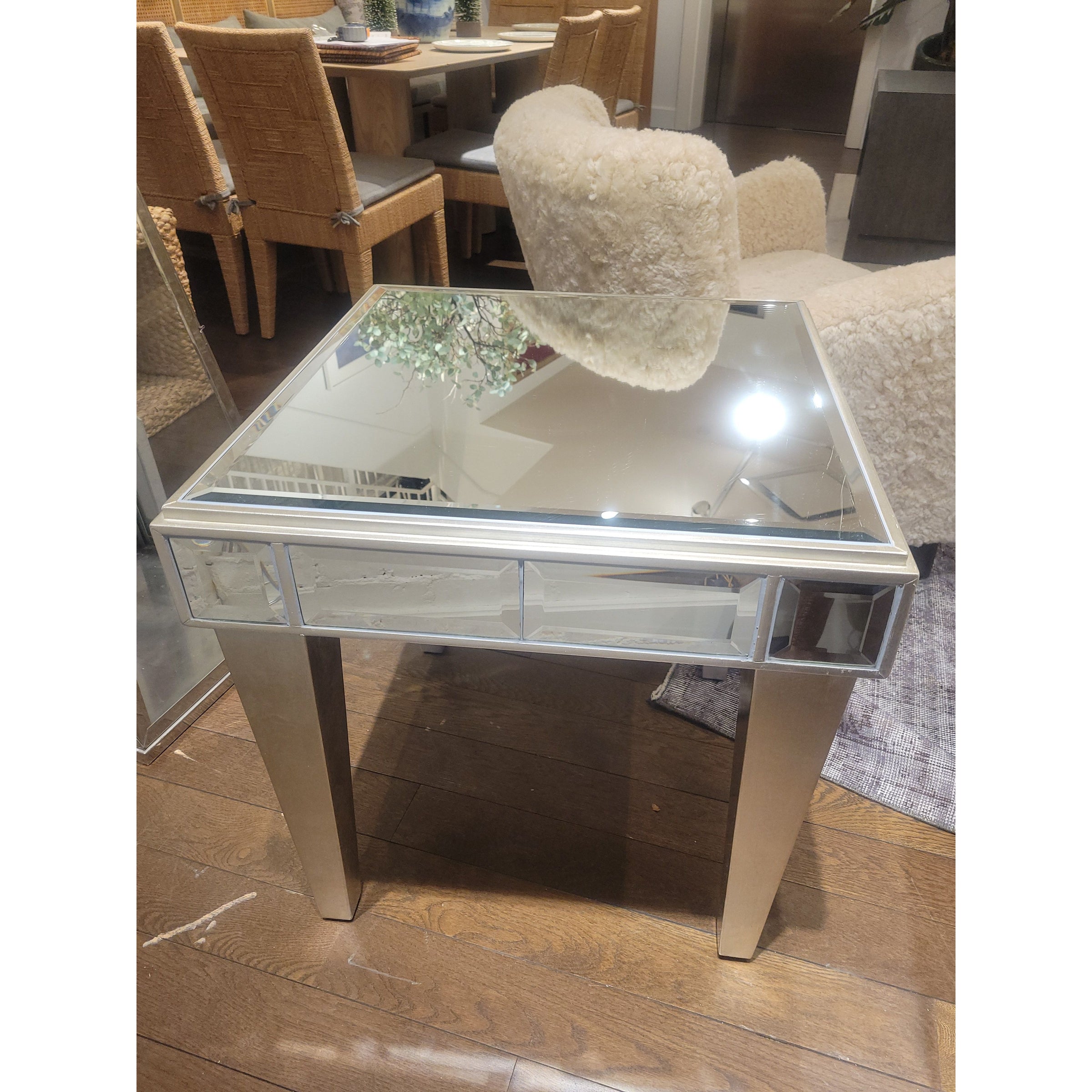PAIR of Mirrored Glass Silverleaf Finish Side Tables - colletteconsignment.com