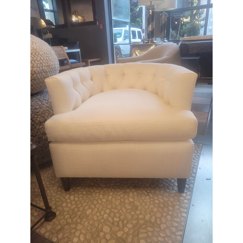 PAIR of Custom Beige Tufted Club Chairs w/ Dark Wood Legs