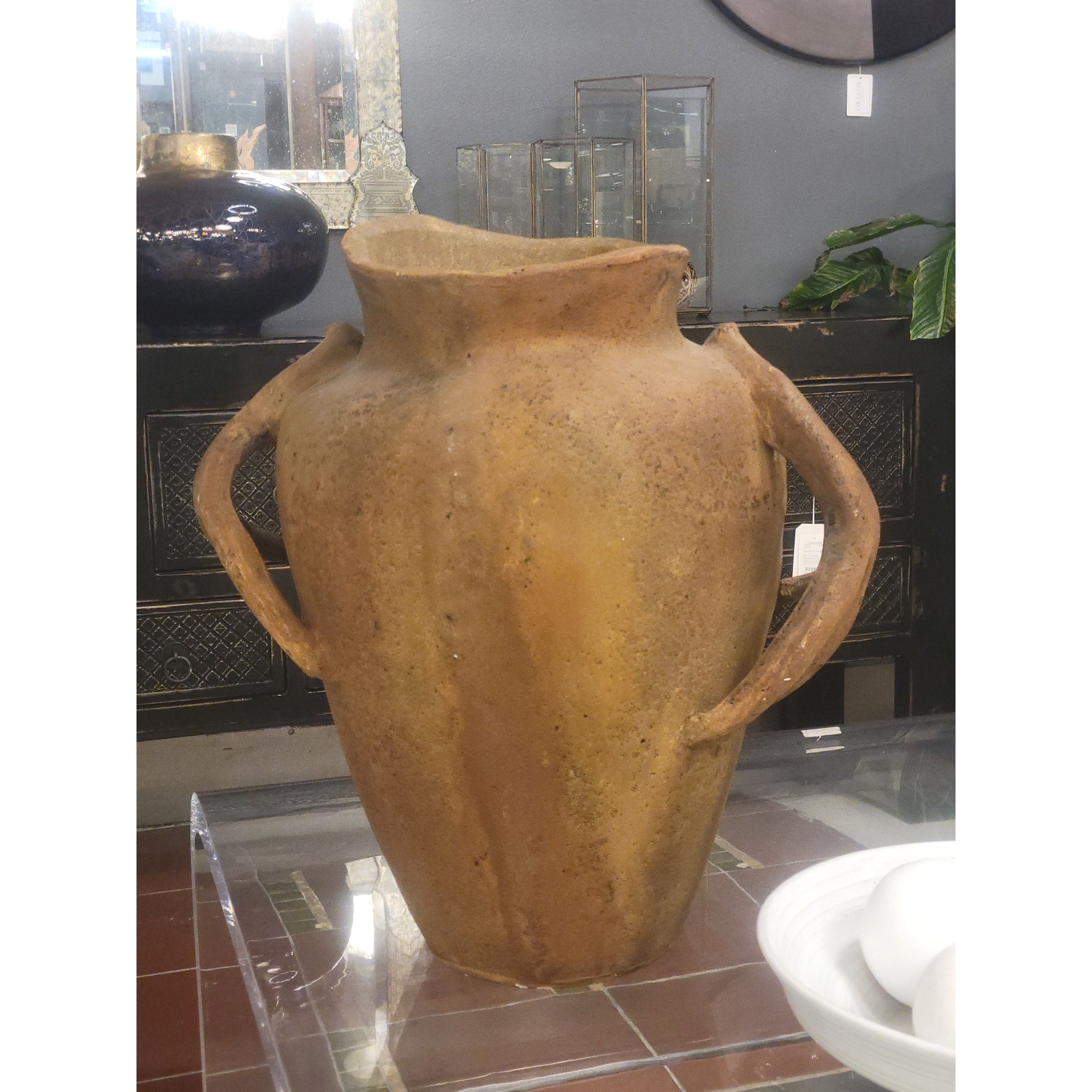 Large Fiber Stone Pot w/ Deer Antler Handles