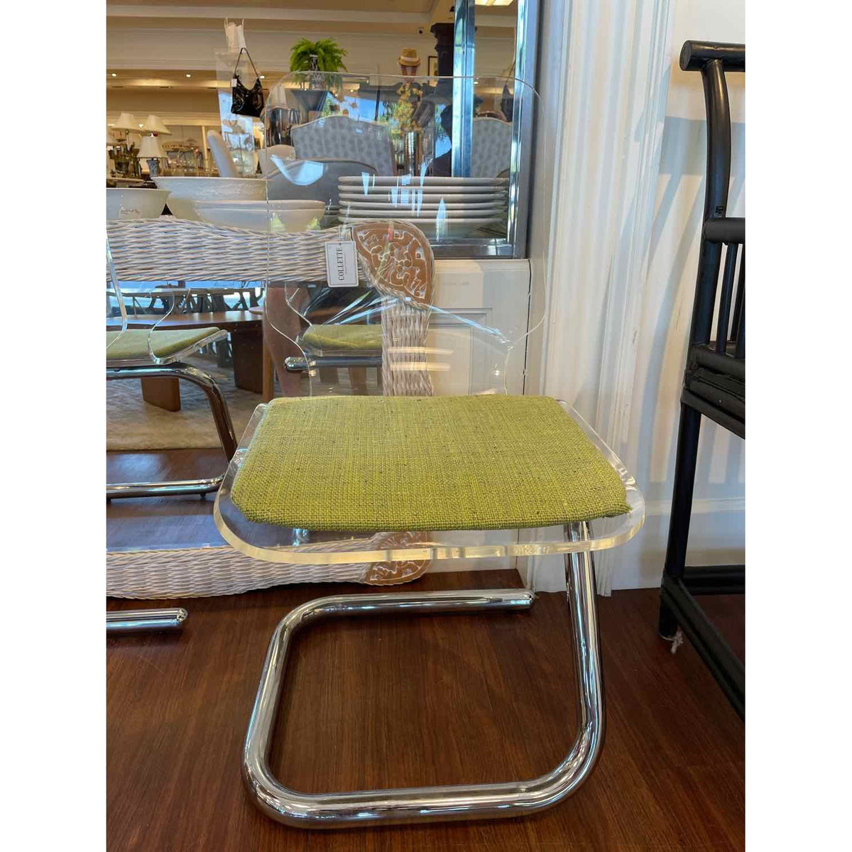 PAIR of Mid-Century Lucite & Chrome Chairs w/ Green Seats by Luigi Bardini - colletteconsignment.com