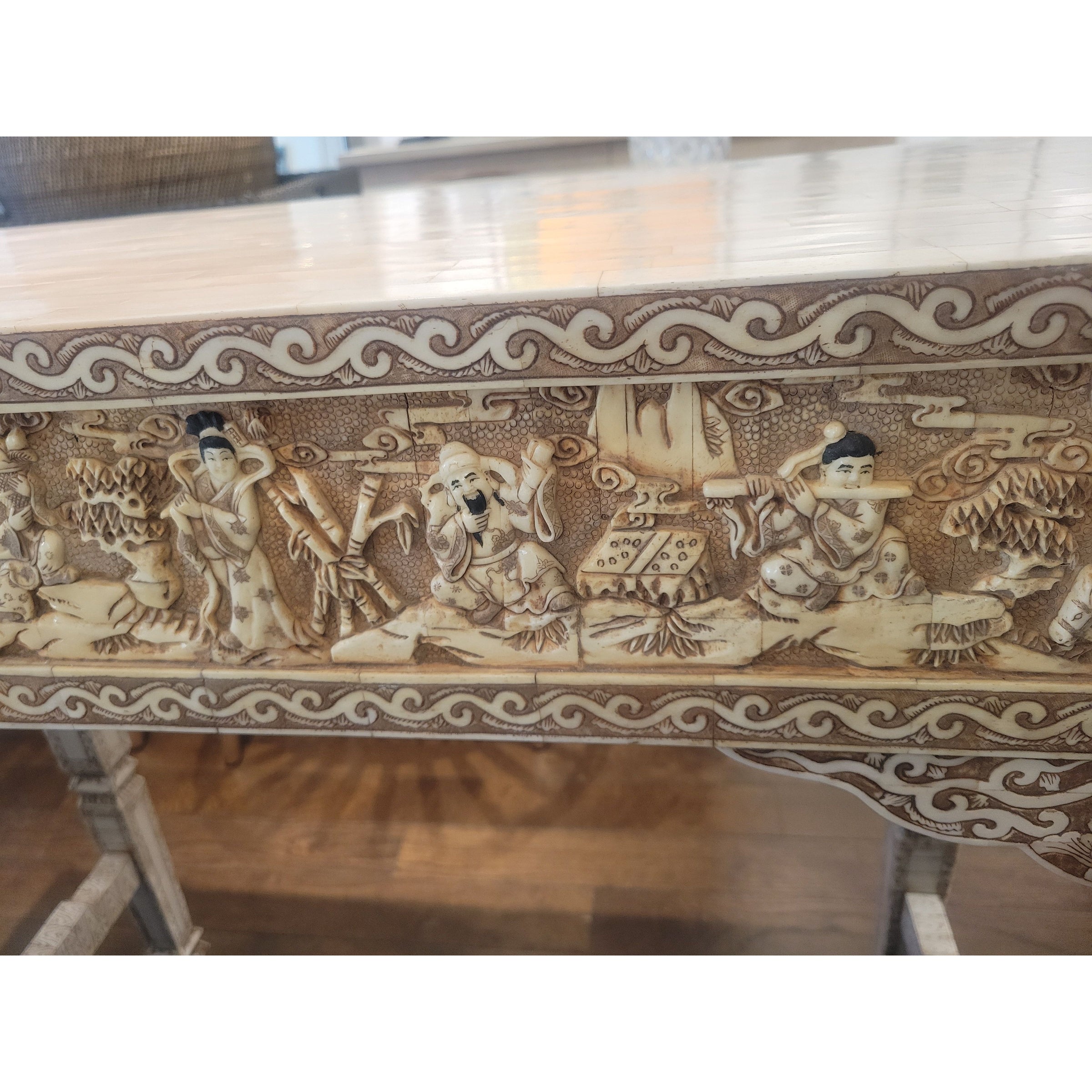 Vintage Chinese 2-Drawer Carved Bone Inlay Alter Table