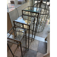 SET of 3 Metal & Brass Side Tables w/ Beveled Glass Tops