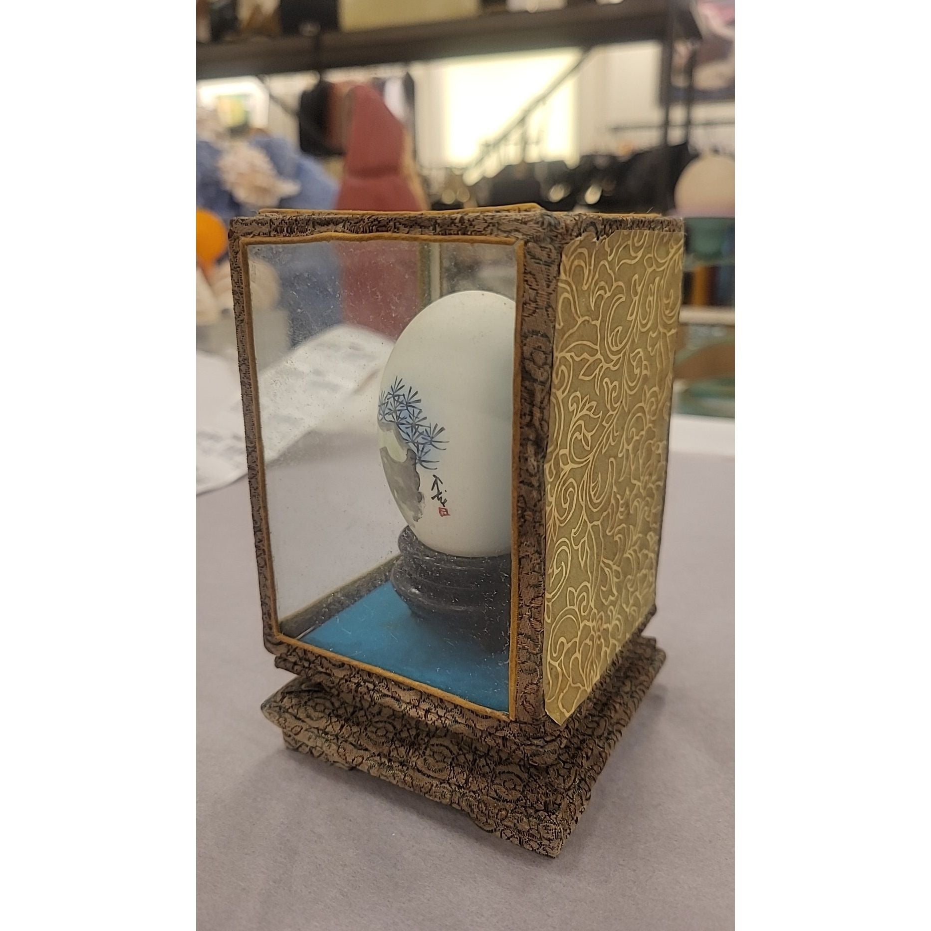 Chinese Painted Egg in Silk & Glass Case