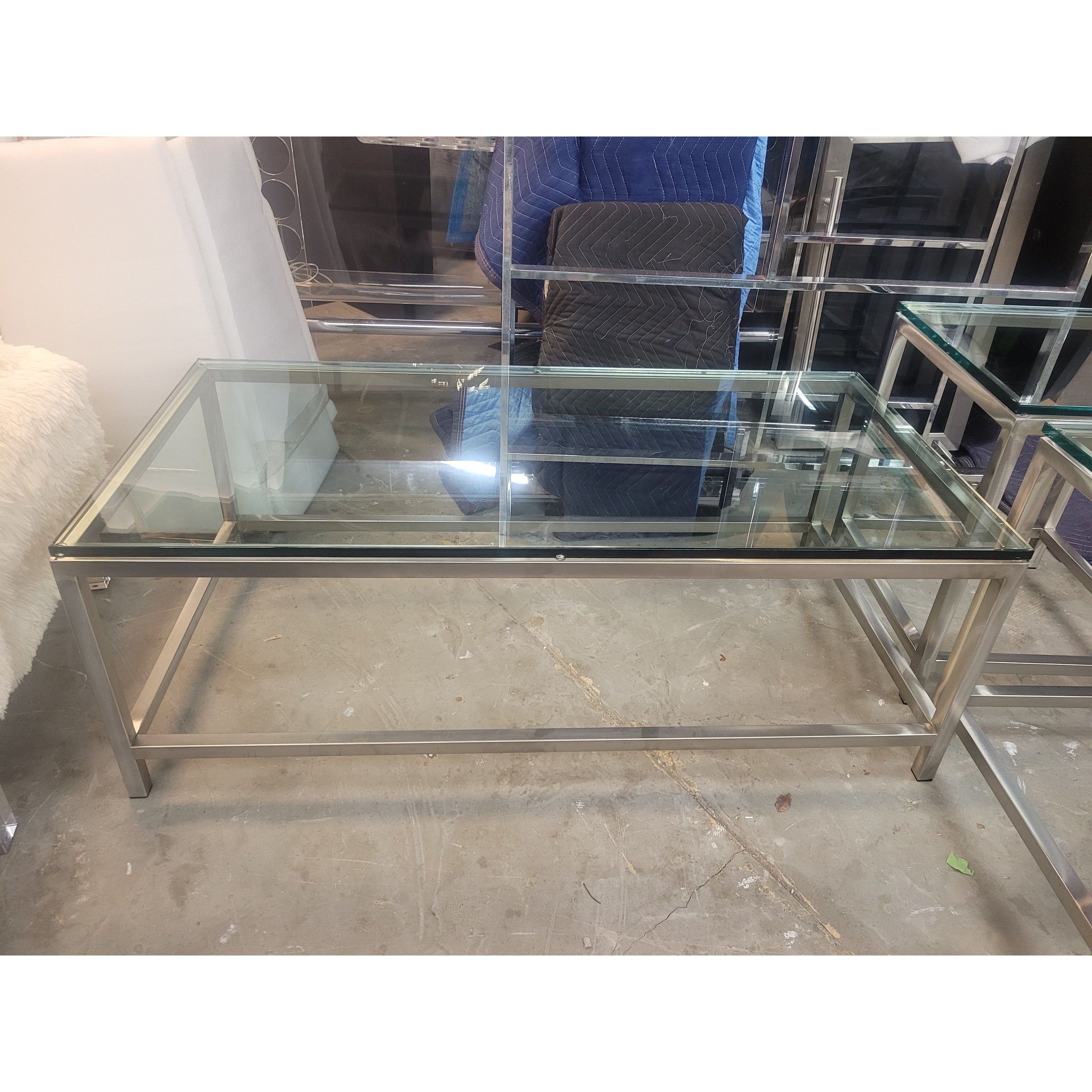 Brushed Aluminum Rectangular Coffee Table w/ Reinforced Glass Top - AS IS