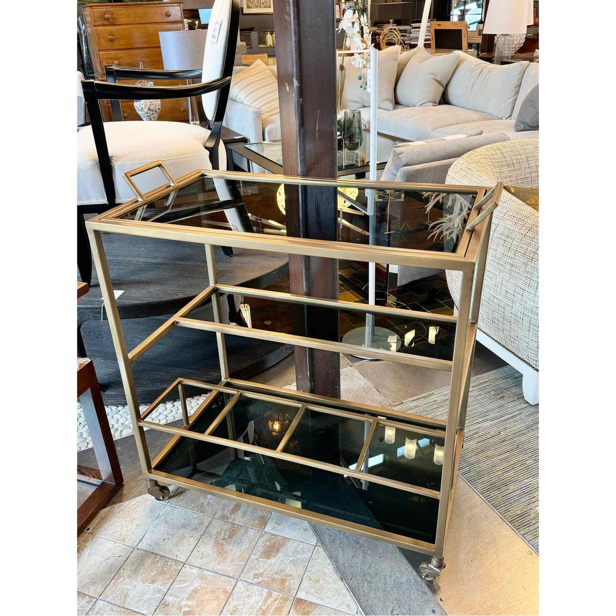 Custom Dark Brass & Glass Rolling Bar Cart w/ Removable Tray Top
