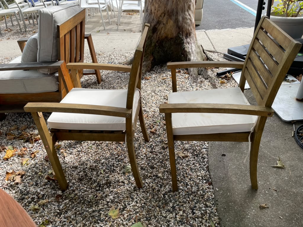 Pair of Teak Outdoor Dining Chair w/ White Cushions