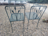 SET of 5-ft Green Iron Glass Top Dining Table, 4 Side Chairs, 2 Arm Chairs