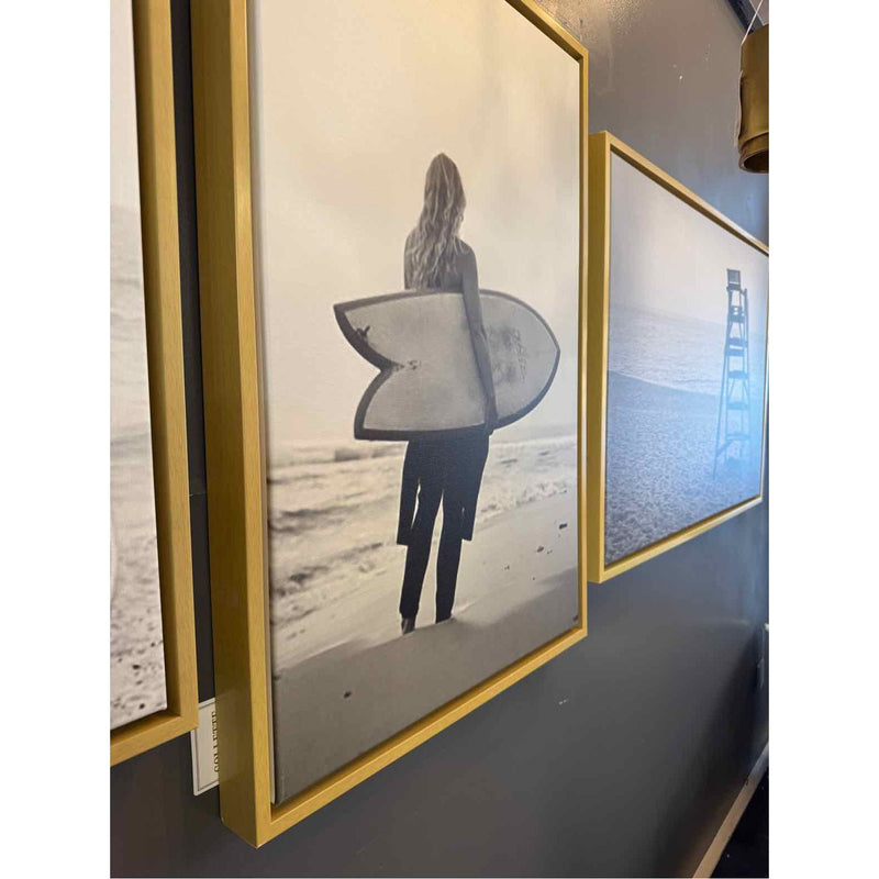 B&W Beach Surfer Photograph on Canvas in Floating Wood Frame