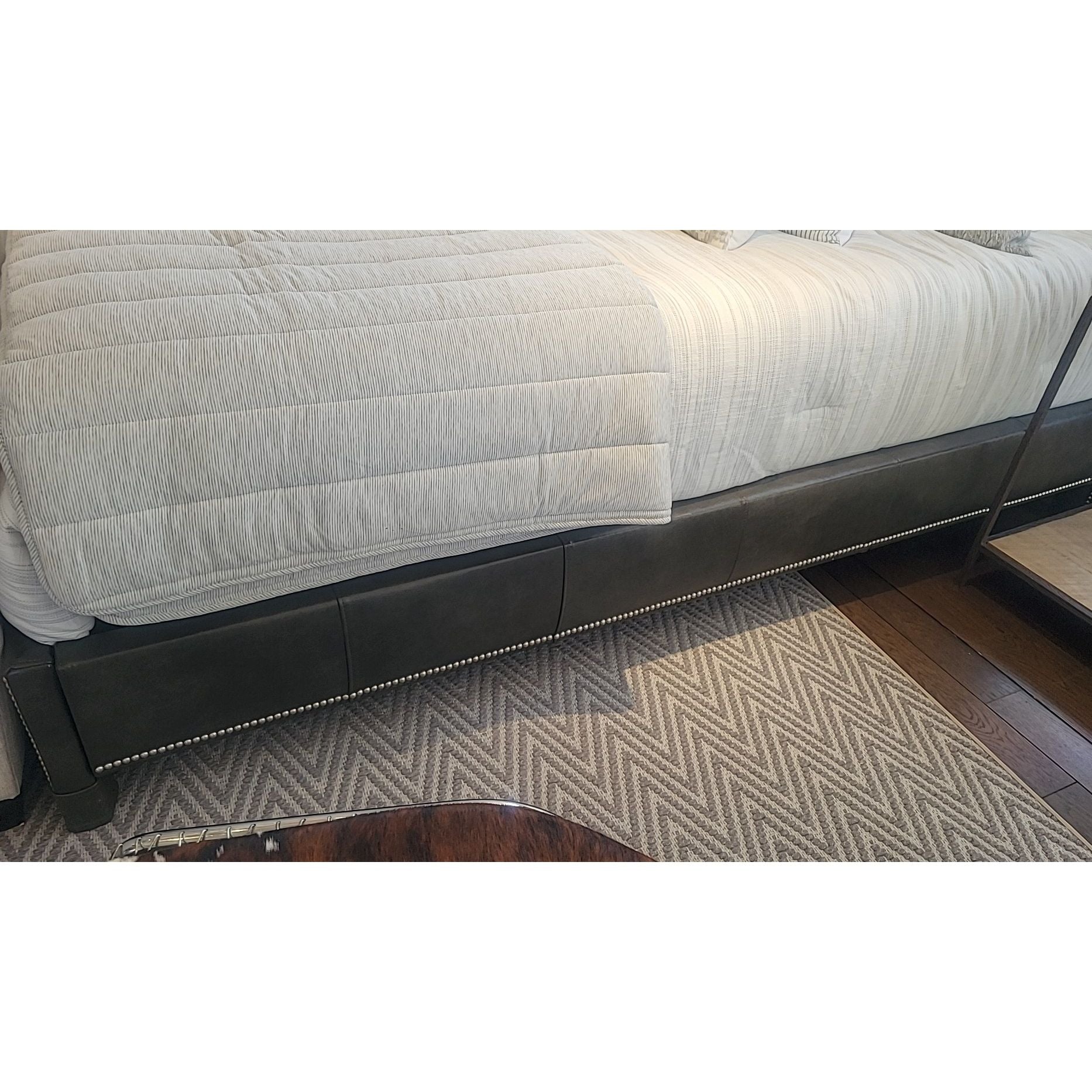 King-Sized 'Lianna' Tufted Charcoal Leather Bed Frame by Ethan Allen