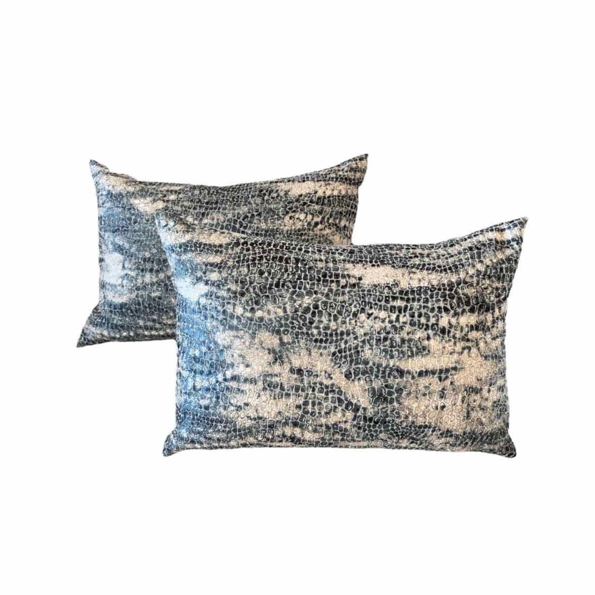 Pair of Custom Blue & Gray Animal Print Lumbar Pillows