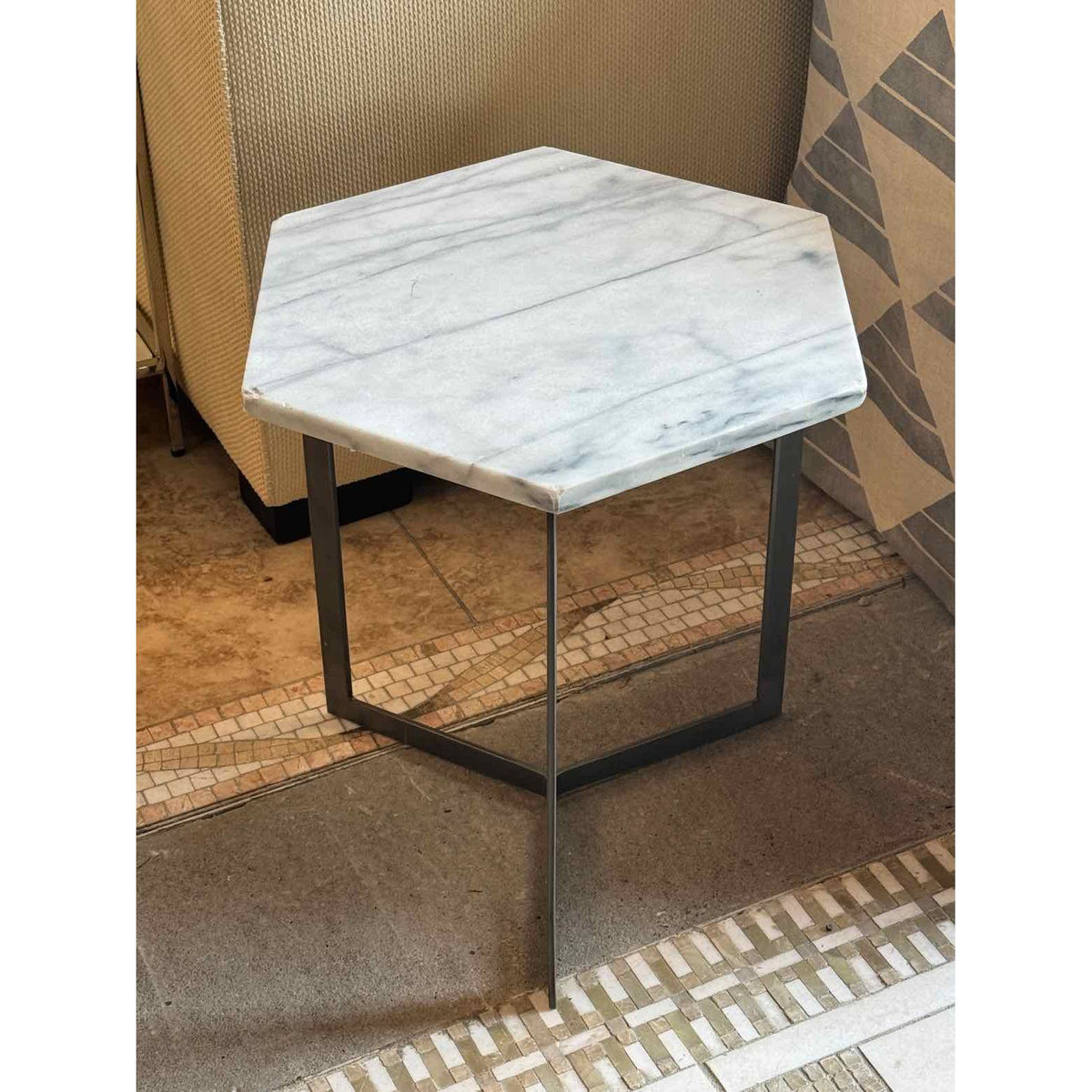 White Marble Hexagon Side Table on Metal Base - AS IS