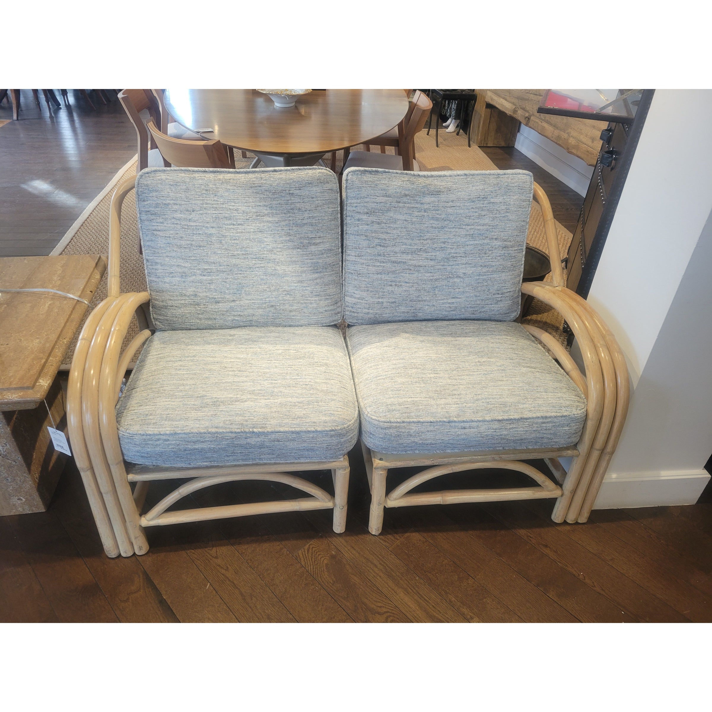 2-Pc 1950s Rattan Sofa w/ Blue Cushions & Ottoman - colletteconsignment.com