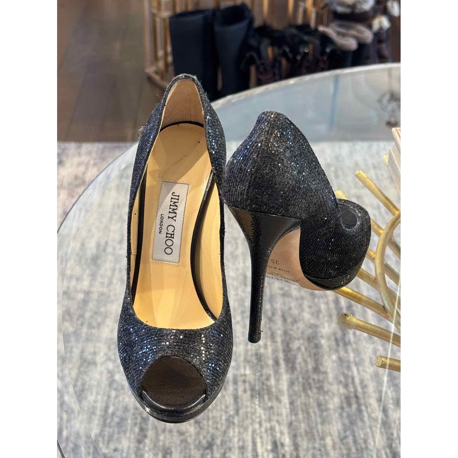 Women's Jimmy Choo Shoe Size 5 Black Glitter Heels  Sandals