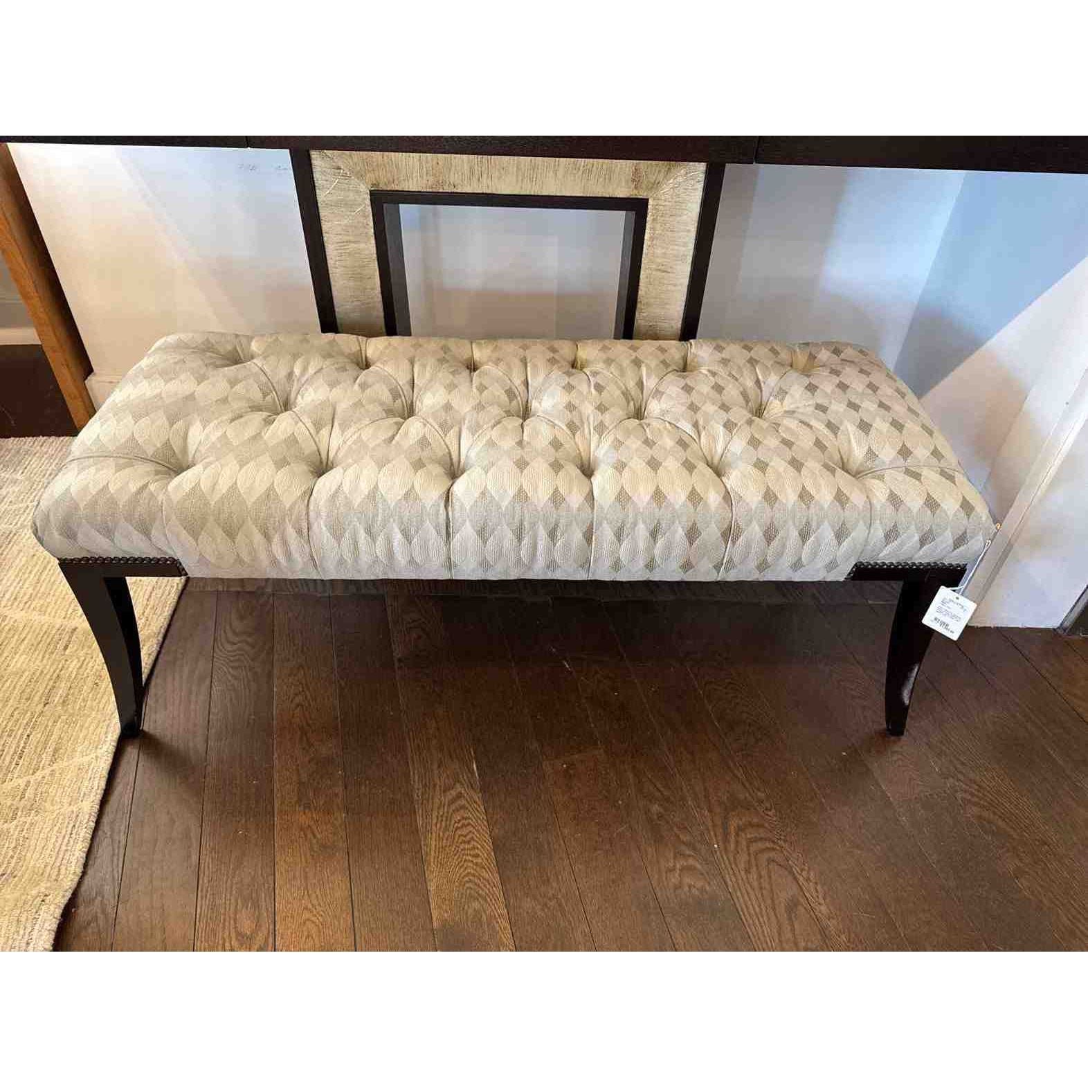 Adam Tufted Gray Diamonds Bench w/ Brass Nailhead Trim & Maple Legs by Baker - colletteconsignment.com