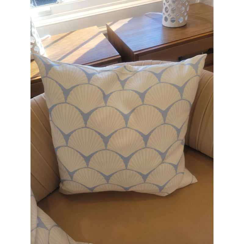 PAIR of Custom Off-White Seashells on Blue Square Pillows