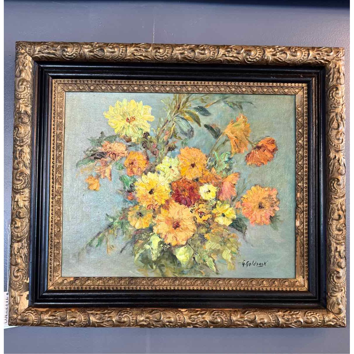 Palette Knife Floral Oil Painting by G. Goldsack in Bronze Tone Frame - AS IS