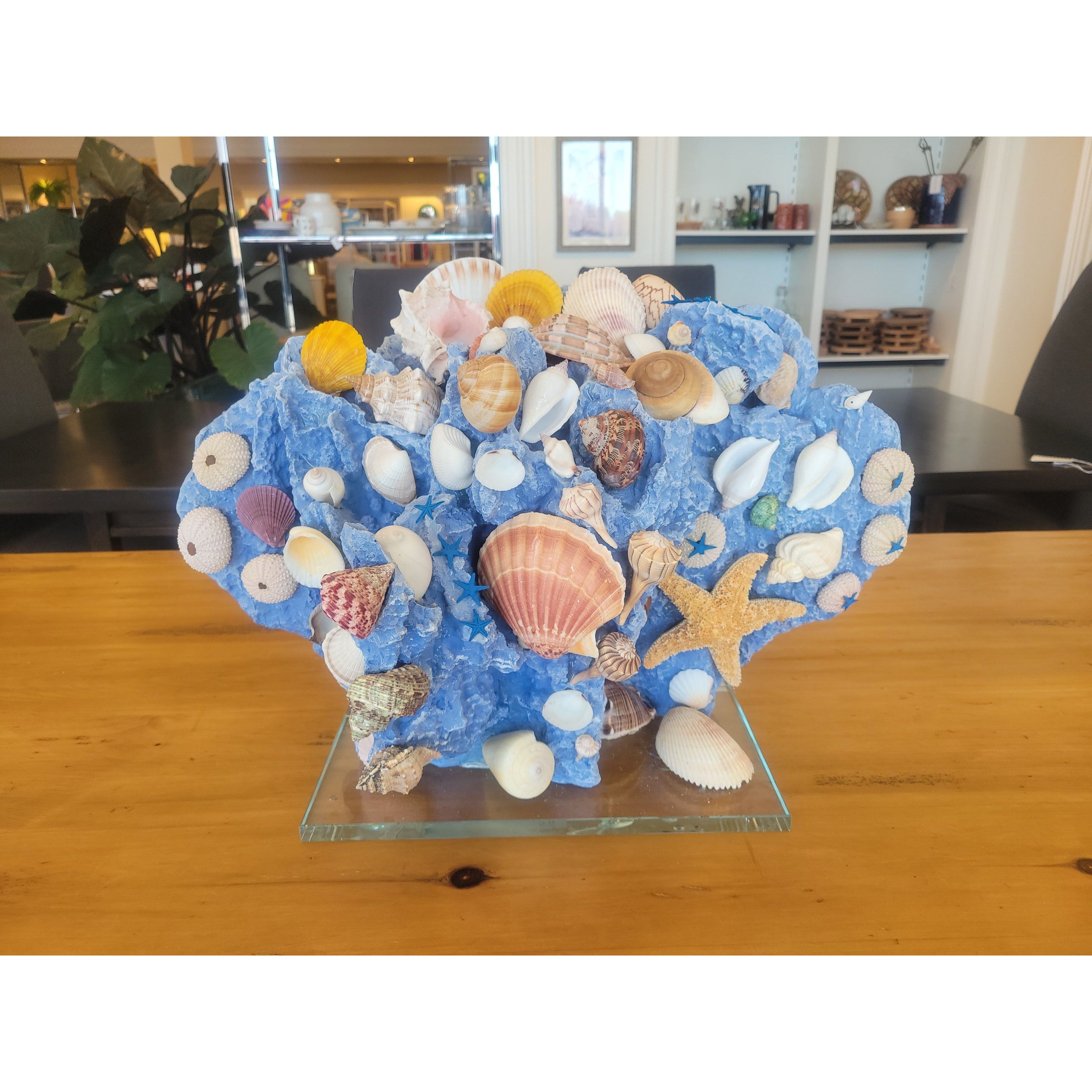 Large Blue Caribbean Shells & Coral Sculpture on Lucite Base