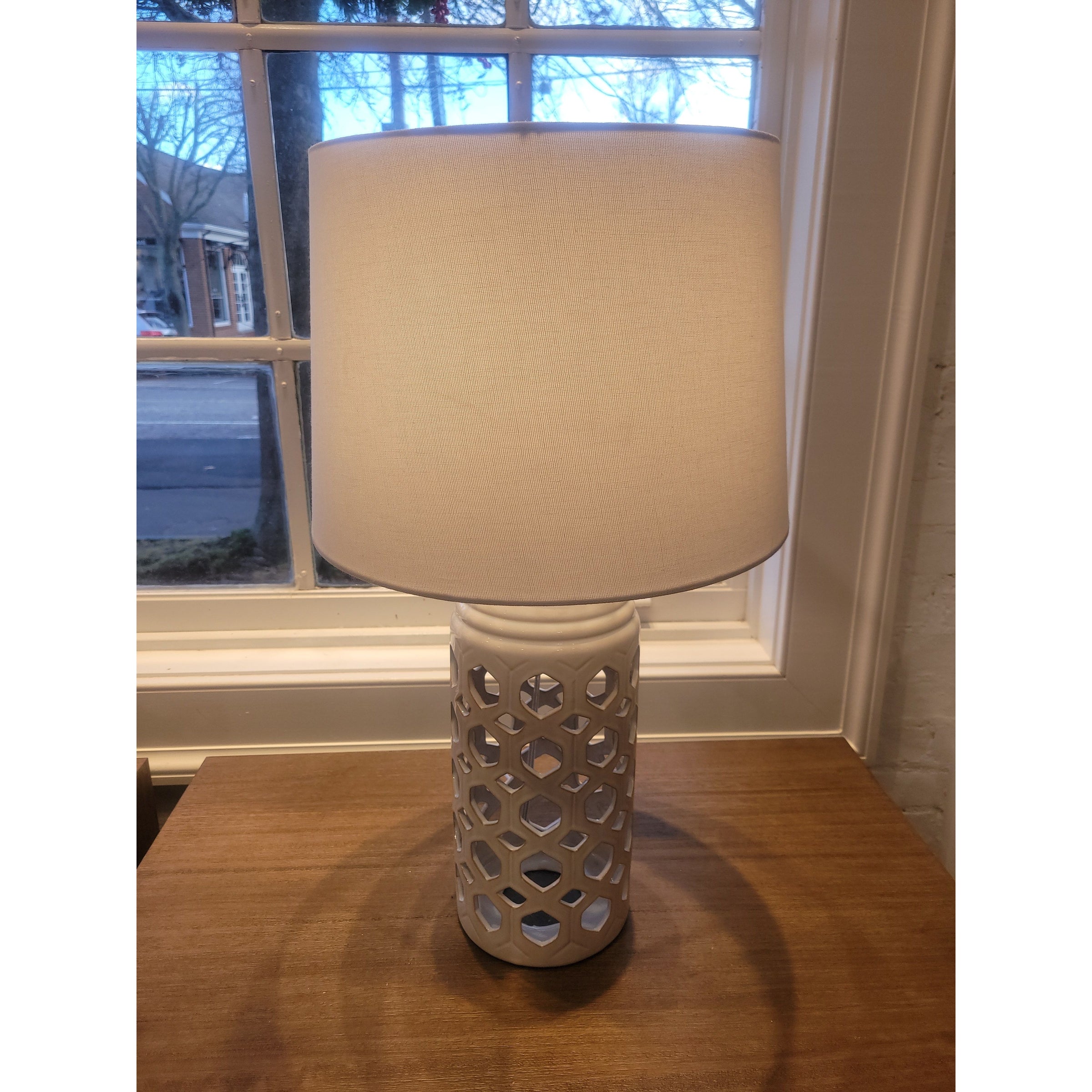 PAIR of White Ceramic Hexagonal Cutout Table Lamps w/ White Shades