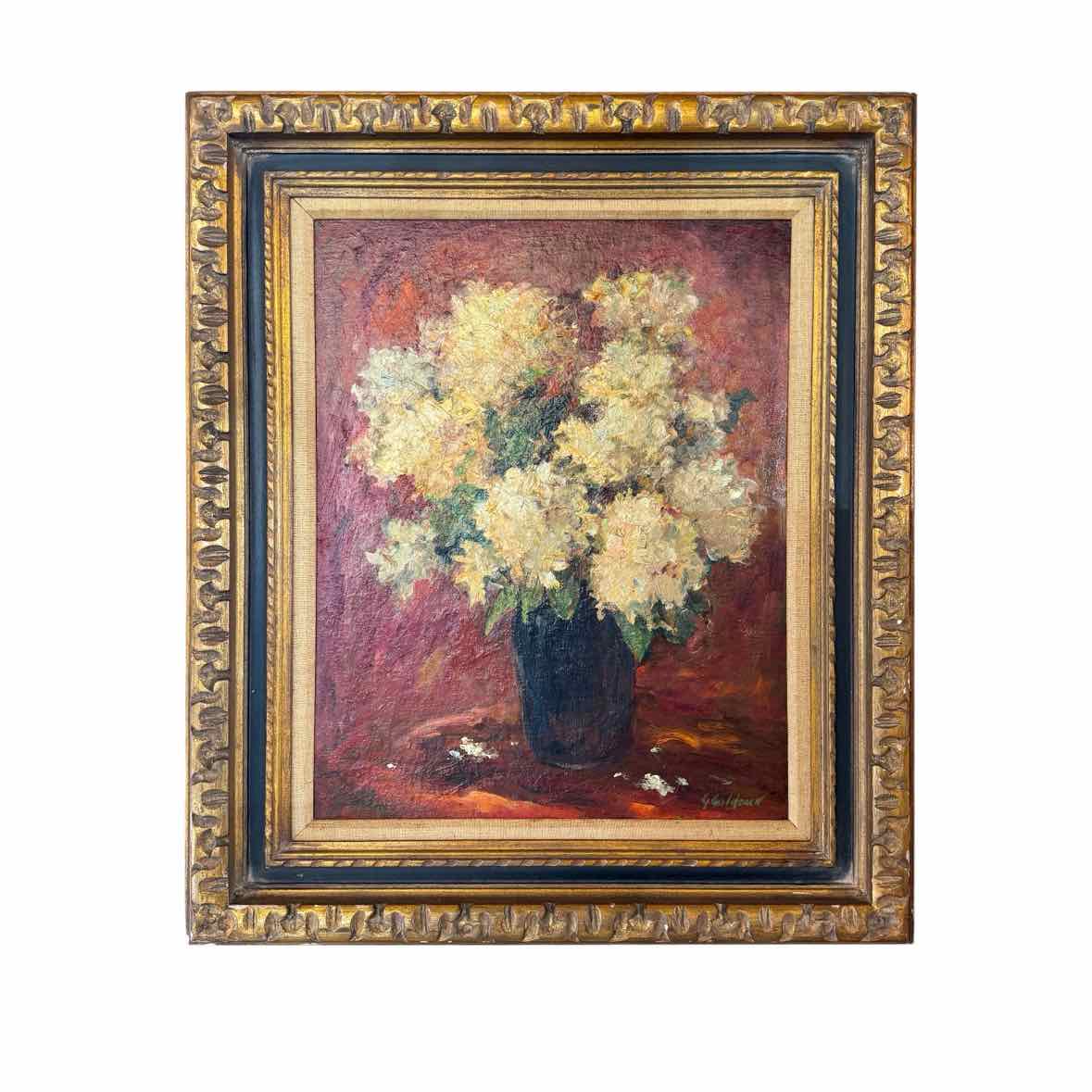 Camillas Floral Still Life Oil Painting by G. Goldsack in Bronze Tone Frame
