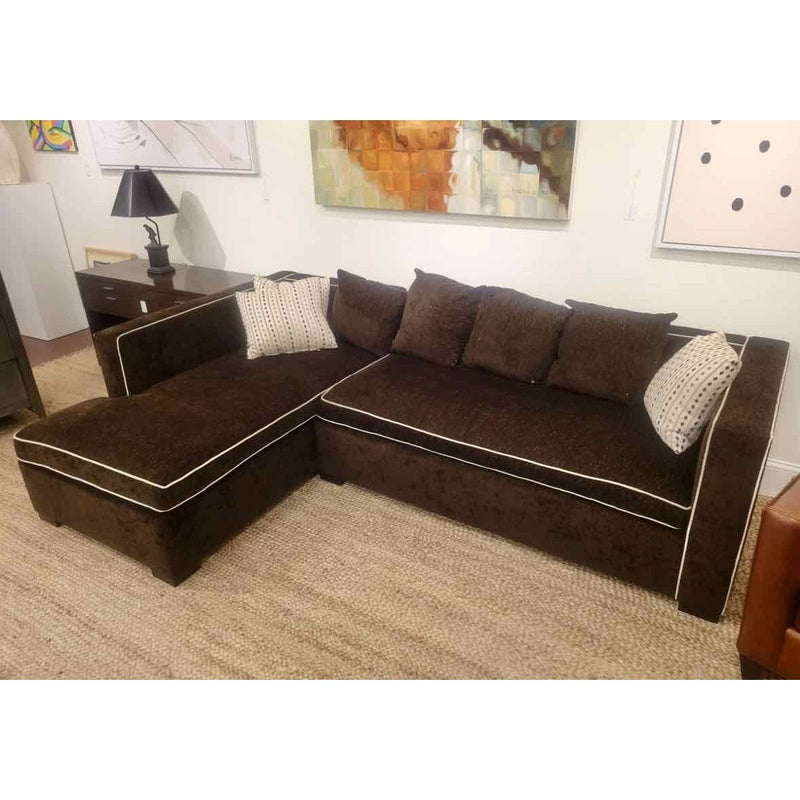 Brown Velvet Chaise Sectional w/ Beige Piping by Hickory Chair