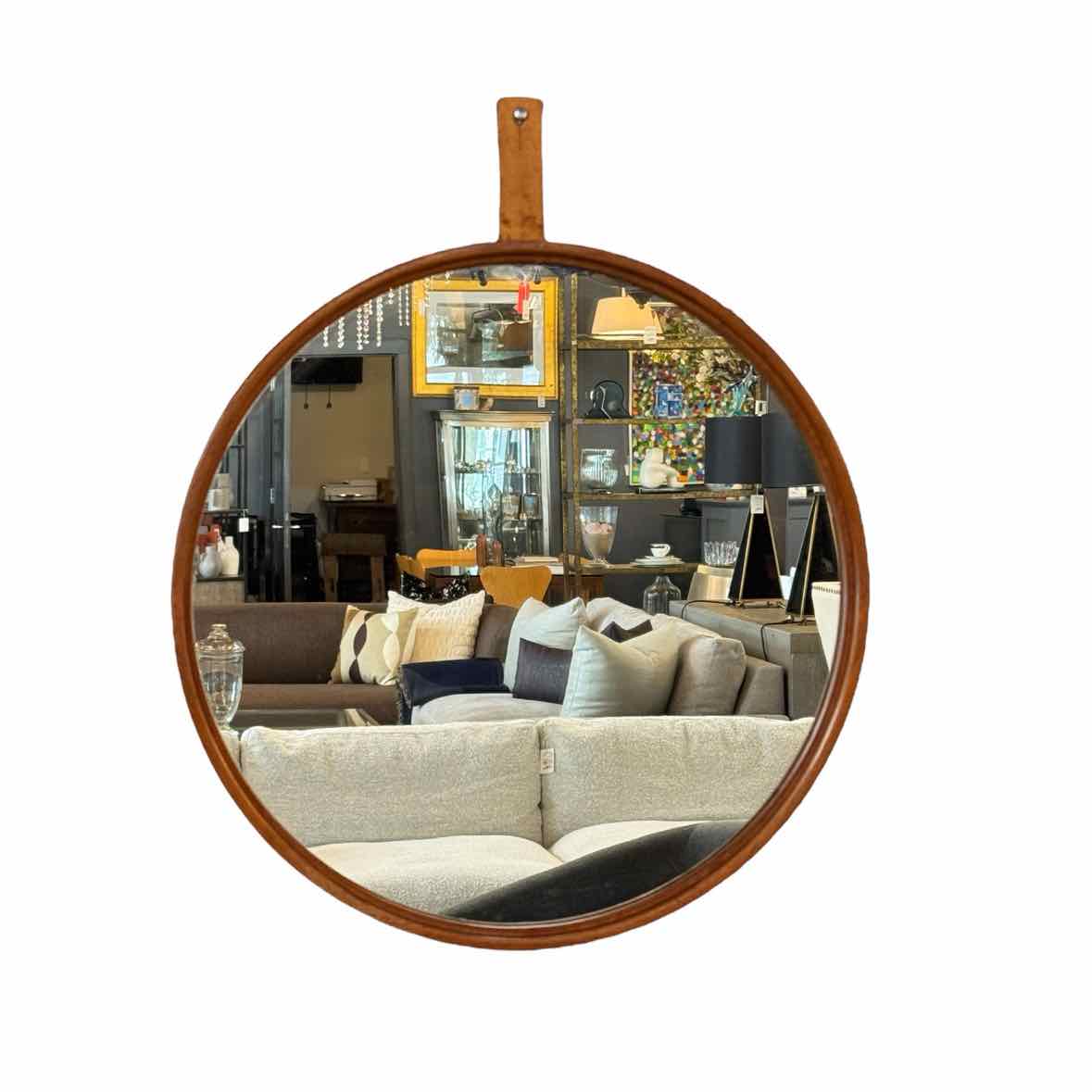Round Wood & Leather Hanging Mirror