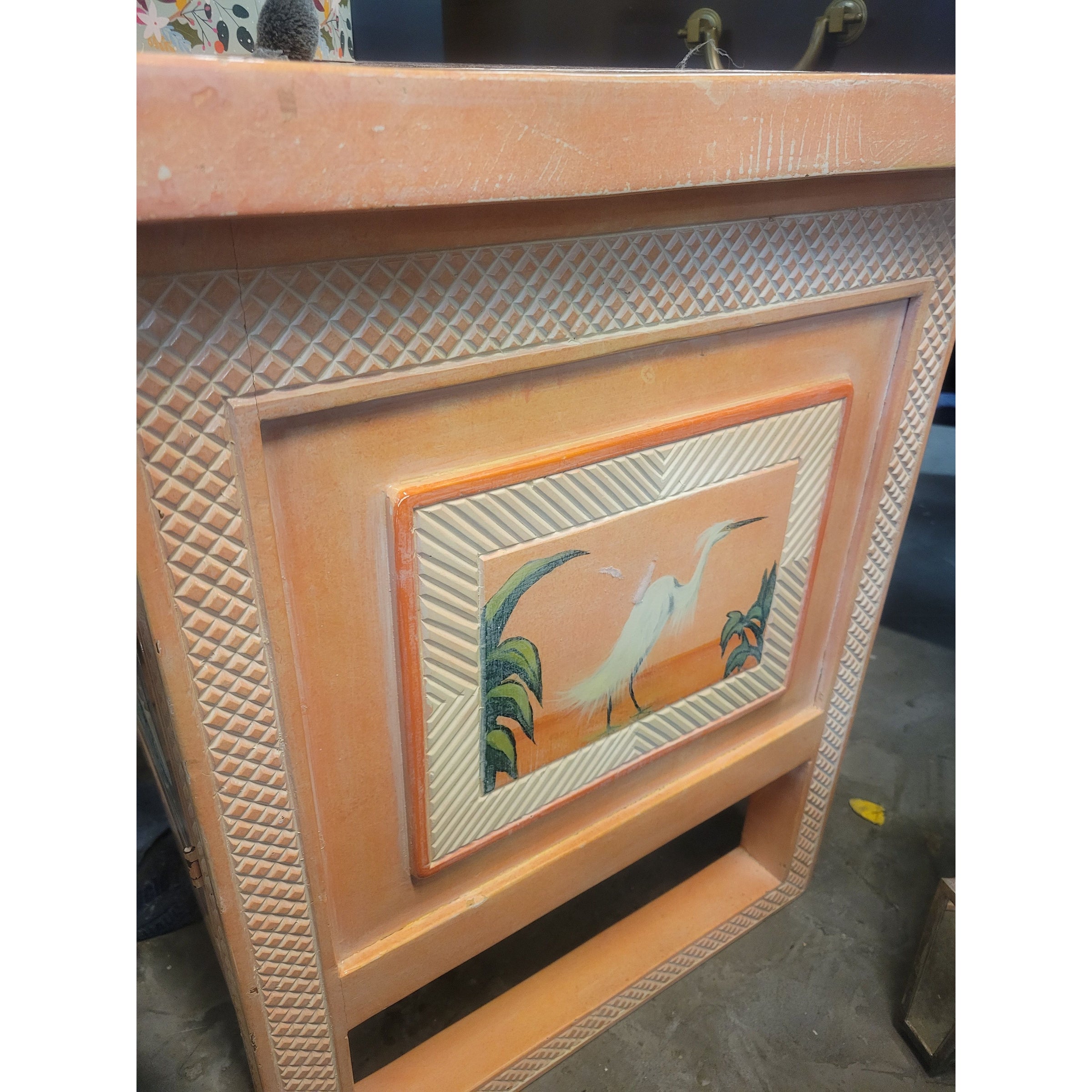 Vintage Pink Nightstand w/ Everglades Crane Design - colletteconsignment.com