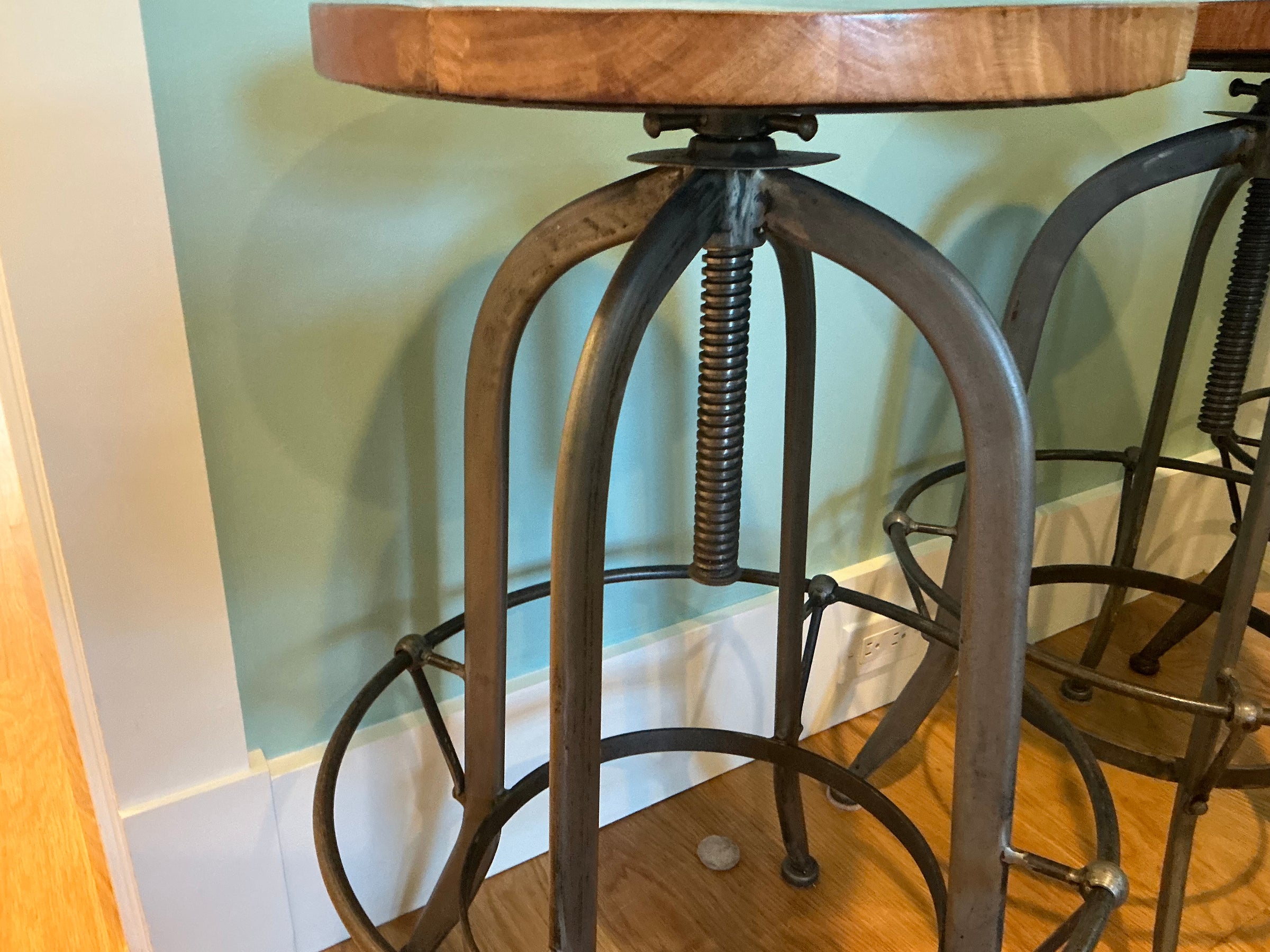 SET of 3 Round Wood & Iron Adjustable Bar Stools (AS IS)