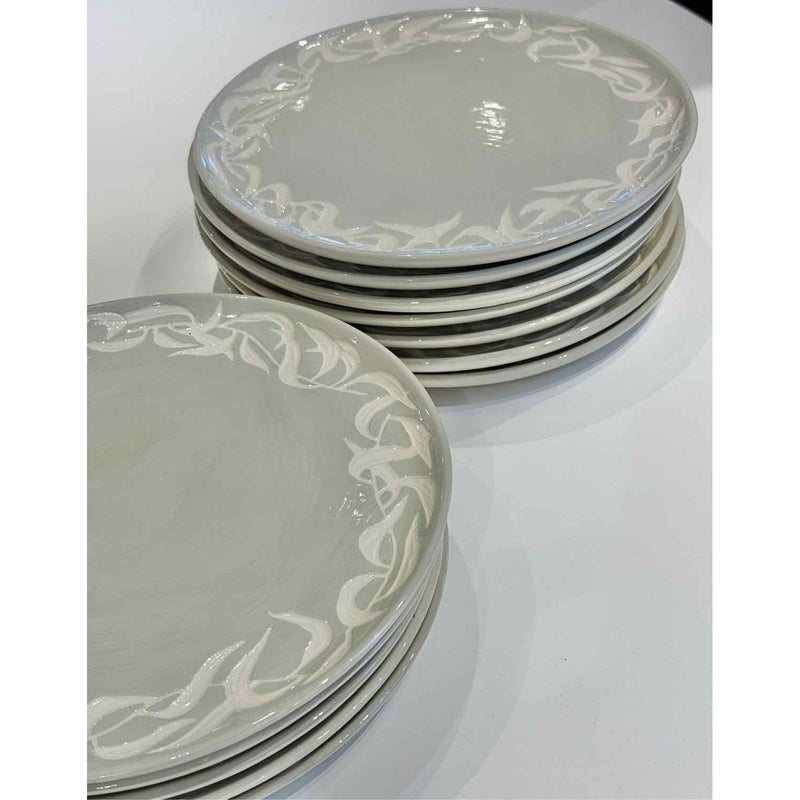 Set of 12 Stoneware Dinner Plates w/ Leaf Border