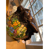 'Daphne' Sculptural Bronze Lamp w/ Stained Glass Shade by E. Thomasson