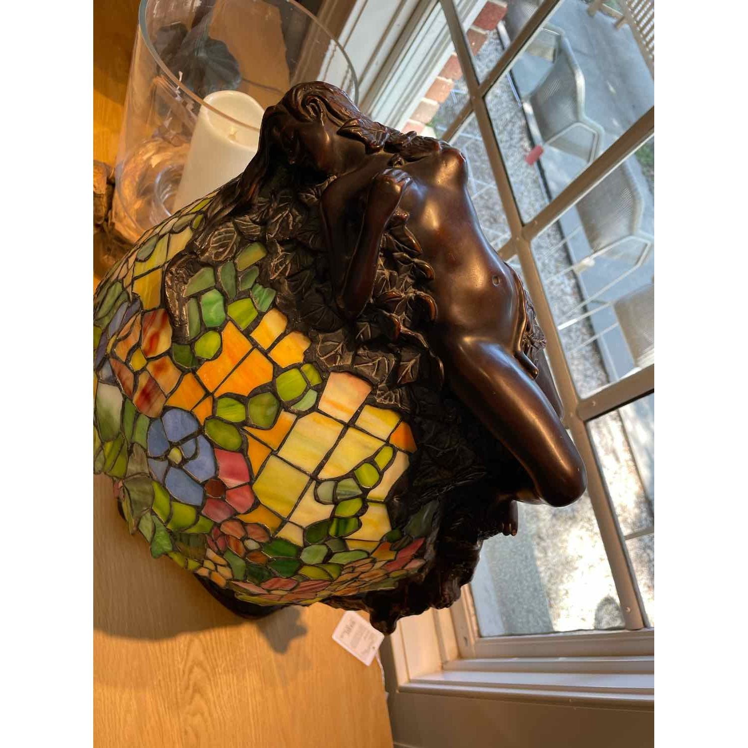 'Daphne' Sculptural Bronze Lamp w/ Stained Glass Shade by E. Thomasson