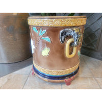 Vintage Ceramic Cache Pot w/ Hummingbird & Elephant Motif - colletteconsignment.com