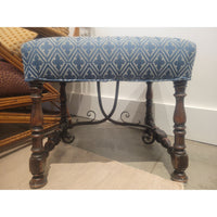 Antique Mahogany Ottoman w/ Blue Upholstered Seat & Iron Detail (AS IS)