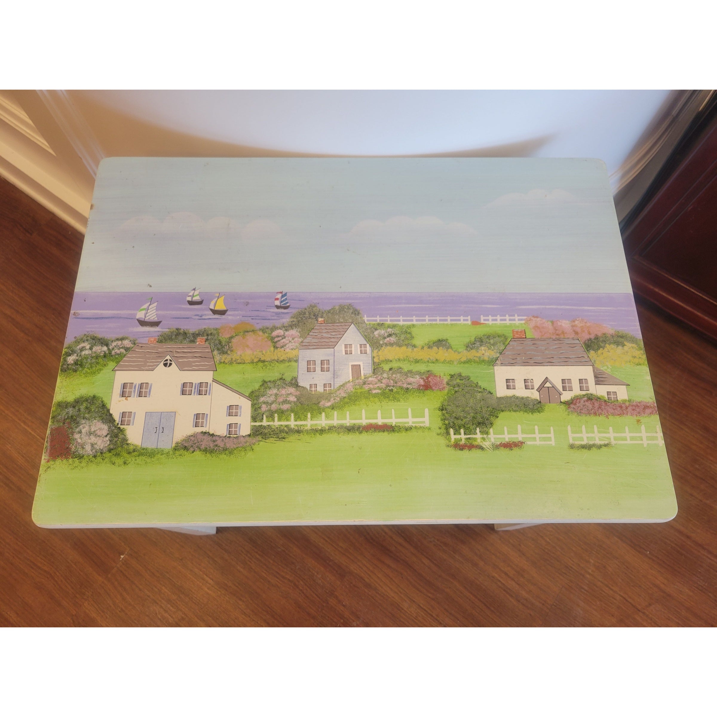 Vintage Hand-Painted Wood Side Table w/ Seaside Cottage Scene (AS IS) - colletteconsignment.com