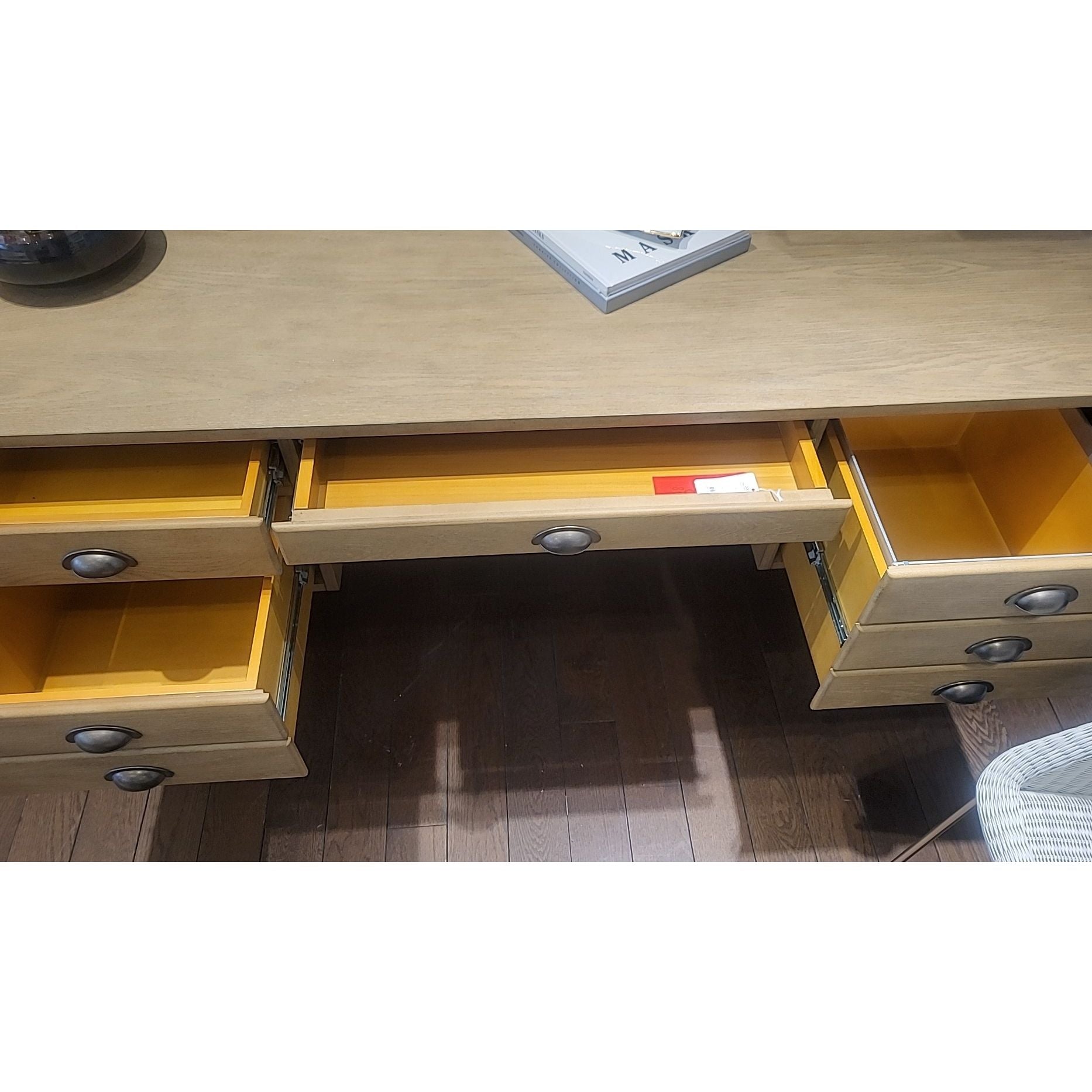 Printer's Ash Wood Executive Desk w/ 4 Drawers - colletteconsignment.com