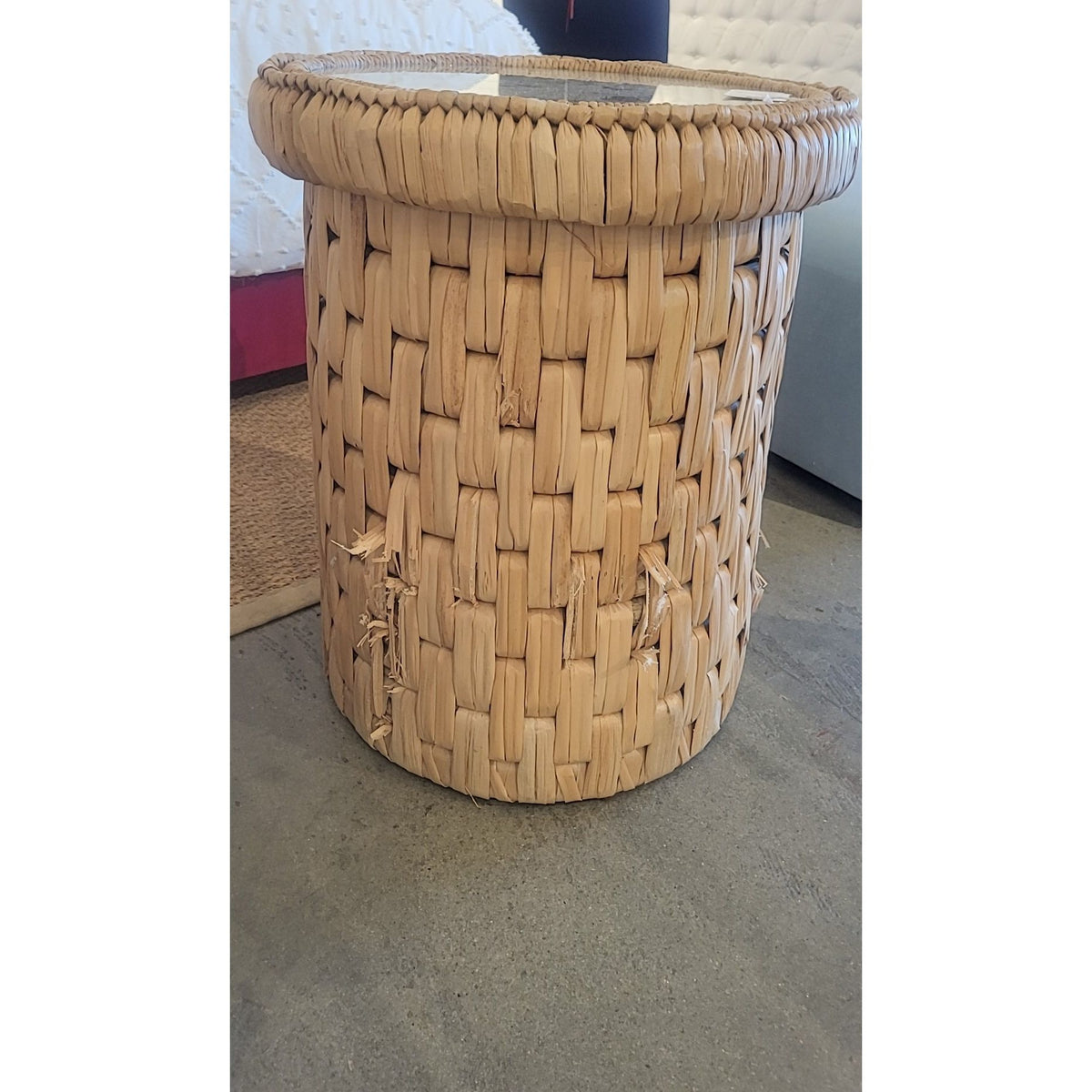 Round Woven Seagrass Side Table w/ Glass Top Attrib. to S&L (AS IS) - colletteconsignment.com
