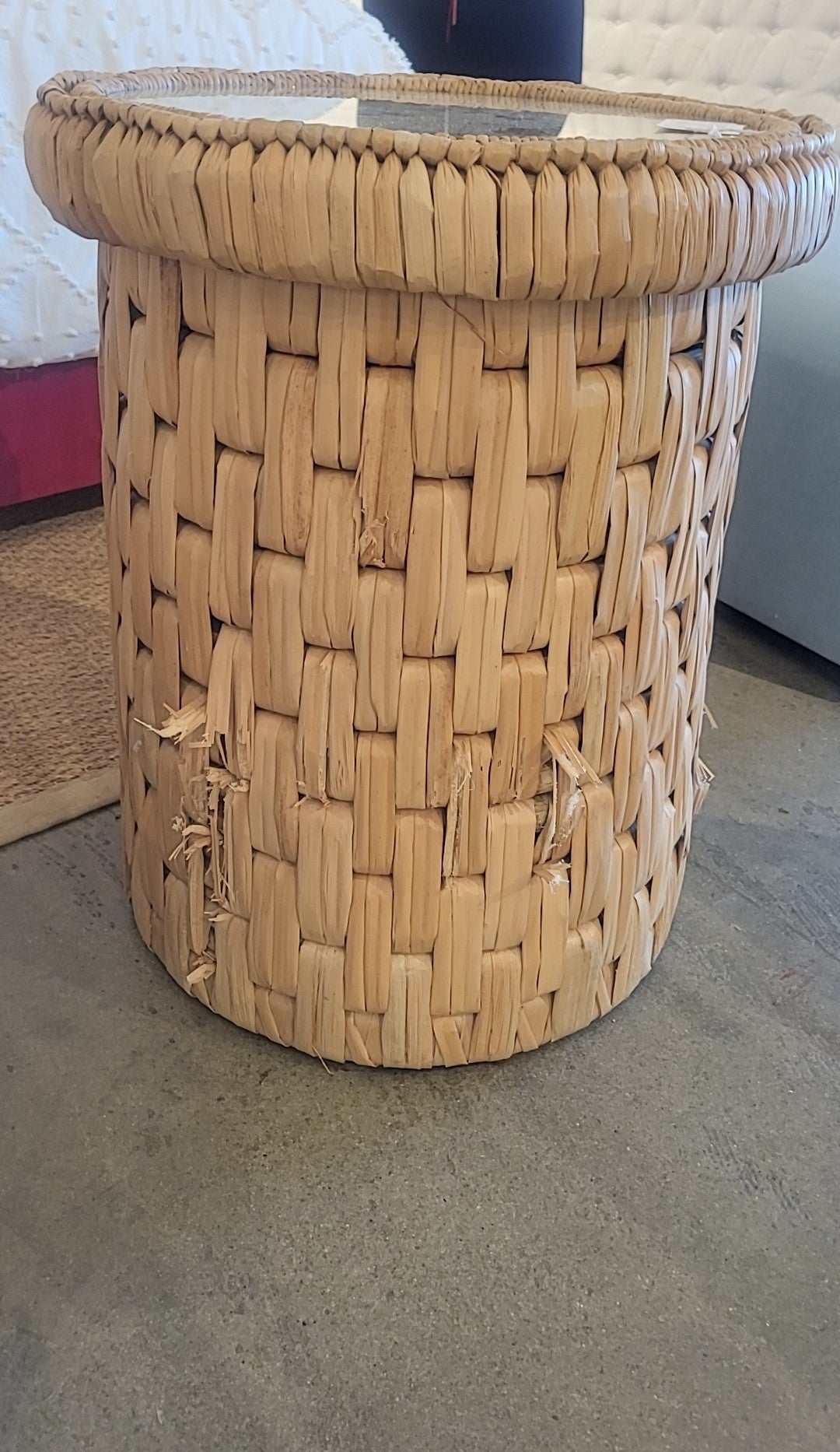 Round Woven Seagrass Side Table w/ Glass Top Attrib. to S&L (AS IS)